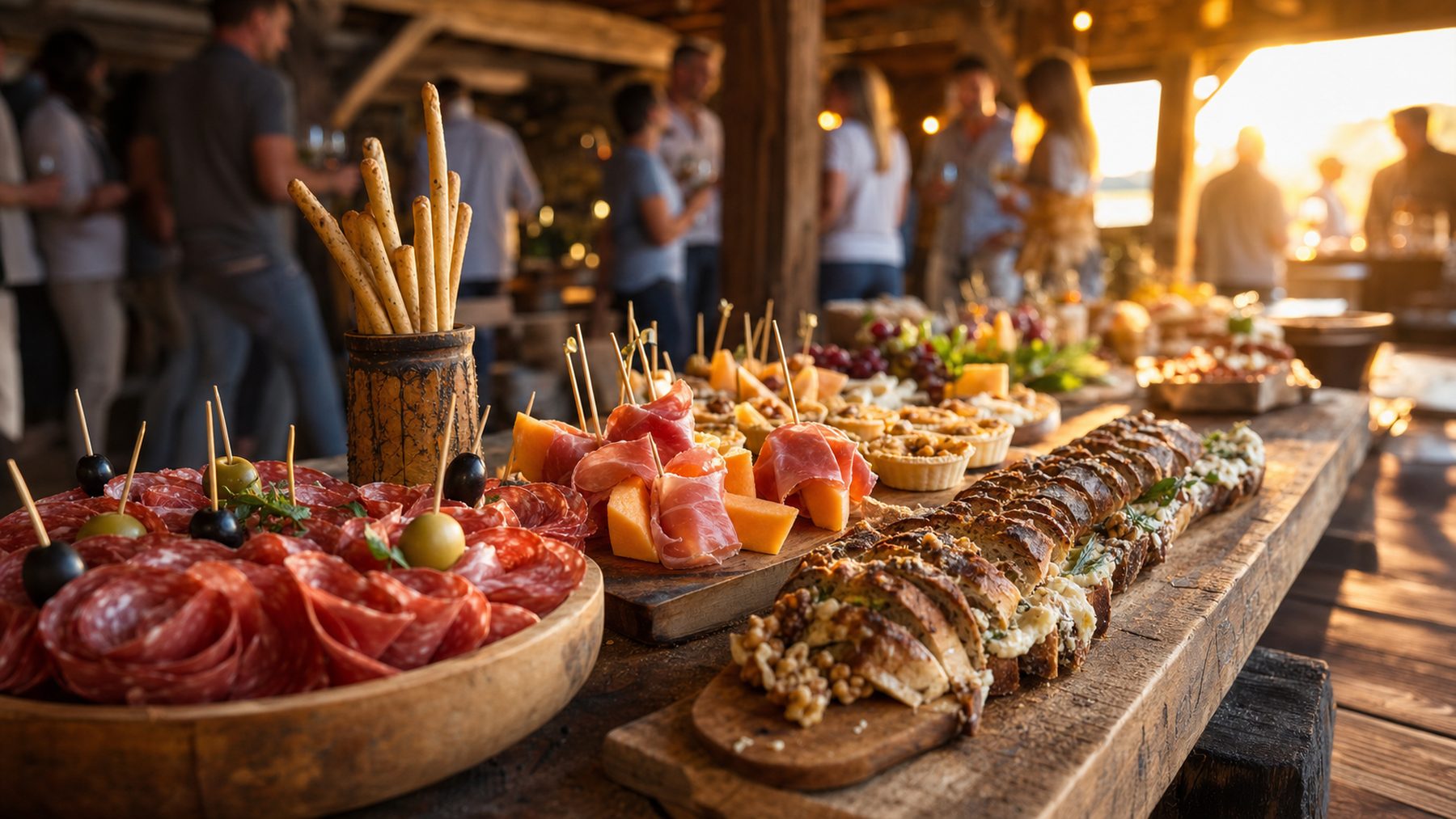 Apéro-Buffet mit Spiessli, Grissini und gefülltem Brot auf langem Holztisch