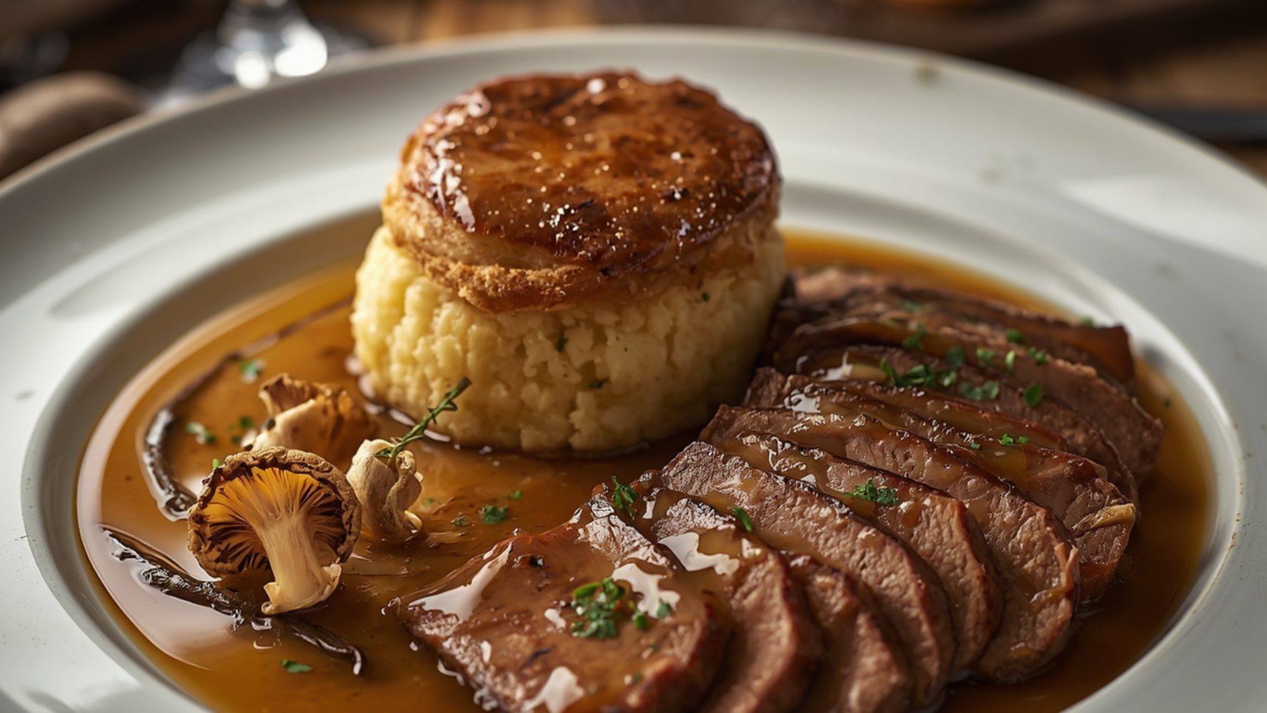 Aufgeschnittener Braten mit Jus auf Holzbrett