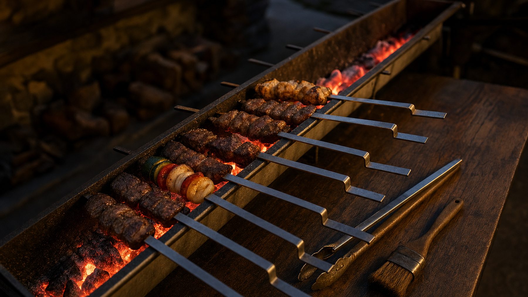 Kanalgrill mit Glut, daneben aufgereihtes Grillbesteck