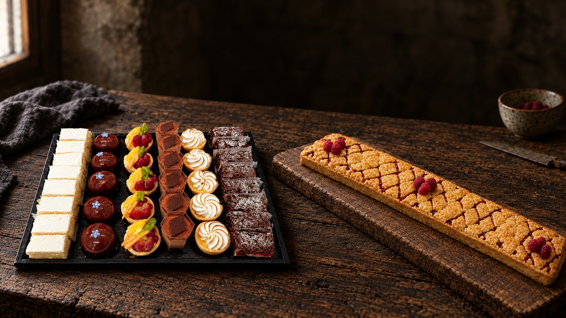 Mini-Patisserie und Himbeer Holländer vom regionalen Bäcker auf rustikalem Holztisch